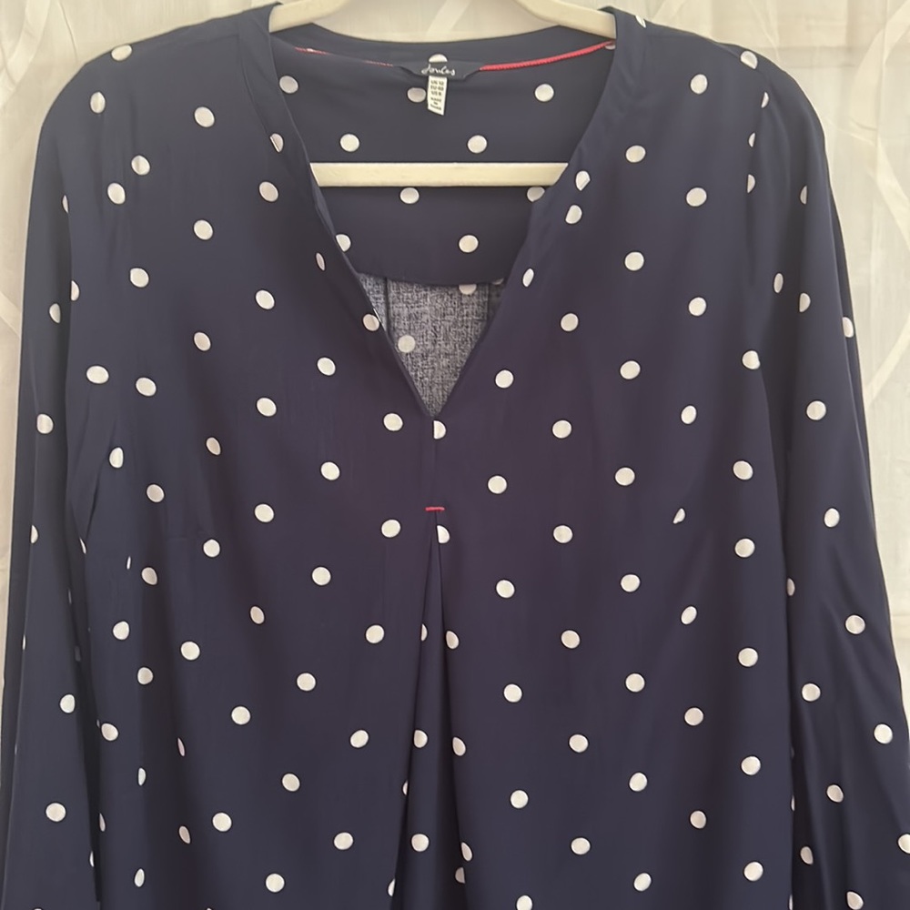 Joules, Navy Blue & White Polka Dot, V Neck, Long Sleeve Top, Size 8 - Picture 2 of 5